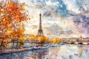 Paintings lndscape, blossom in spring, artwork, fine art. Spring in Paris, a beautiful old street, flowering trees, the Eiffel Tower in the distance. Completely