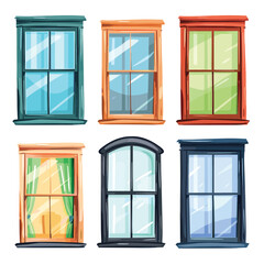 Six colorful cartoonstyle windows, variety frames pane designs. Vintage modern window collection, construction, architecture. Colorful, different shapes, styles, bright, facade elements