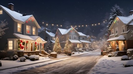 A snowy neighborhood street with houses adorned with festive Christmas lights and decorations, with a light snowfall gently covering the ground.