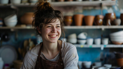 Fototapeta premium A smiling woman in a pottery studio, wearing an apron, exudes creativity and joy amidst shelves of clay pots and tools.