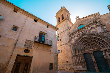 Gothic facade of the church of Santa María de Requena, Valencia, Spain, on Santa Maria street