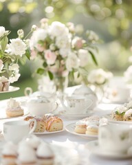 Elegant Outdoor Garden Tea Party with Well-Dressed Guests Enjoying Fine China and Pastries in Bright Natural Lighting
