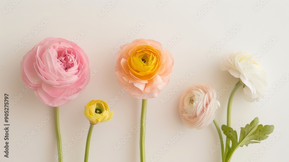 Poster minimalist floral arrangement with pastel and peach ranunculi against soft beige background in diffu