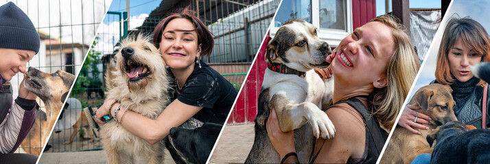 Collage of background images of volunteer with dog in animal shelter.