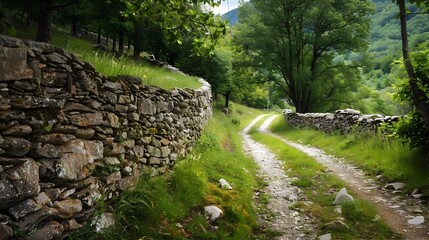 Narrow Winding Country Lane with Stone Walls and Rustic Rural Charm