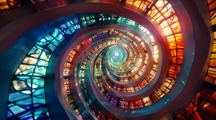 Naklejka premium A mesmerizing spiral of colorful glass pieces forming a vibrant, swirling pattern that draws the eye inward, creating a sense of motion and artistic beauty.