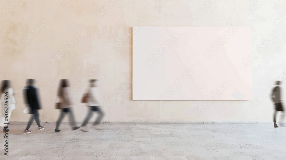 Poster minimalist indoor scene with motion blur of people passing by soft beige plaster wall with empty moc