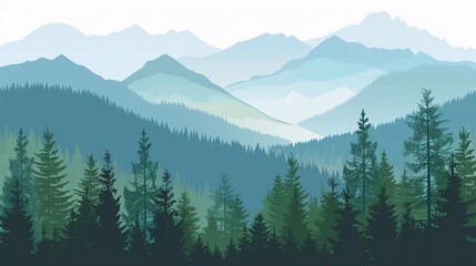 Panorama of forests and mountains. Eco-friendly mountains. Eco-friendly forest. Landscape illustration