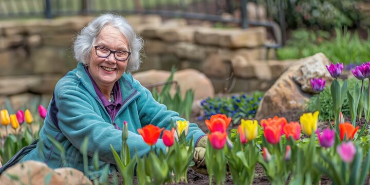 A photo of a senior woman gardening on a sunny day, looking happy and content while planting some flowers. Gardening and hobby concept.