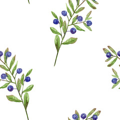 blueberry branch with leaves and berries, ripe wild berries, seamless watercolor pattern on white or transparent background for food packaging, cosmetics, wrapping paper