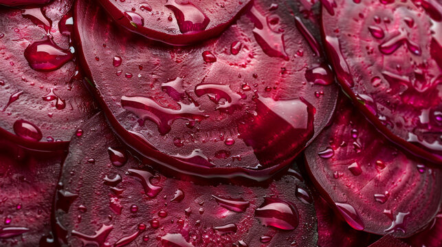 Close-up of fresh, thinly sliced red beets glistening with water droplets, highlighting their vibrant color and texture.