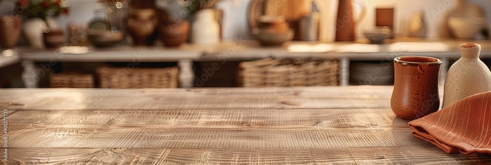 Poster warm, cozy rustic dining room with wooden table and soft ambient lighting for product display