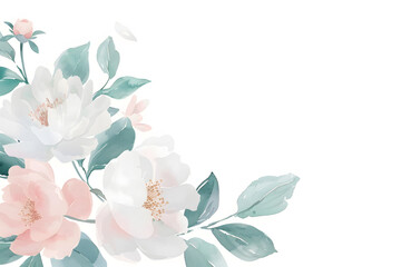 Fototapeta premium Watercolor pastel flowers frame on white background with copy space for text. Invitation wedding card