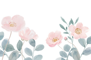 Fototapeta premium Watercolor pastel flowers frame on white background with copy space for text. Invitation wedding card