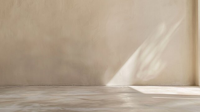 Minimalist Indoor Scene Subtle Light Shadows on Textured Soft Brown Plaster Wall with Concrete Floor in Serene Warm Tones, Daylight