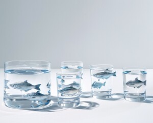 Glasses of water with realistic fish illustrations swimming inside, set against a light gray background