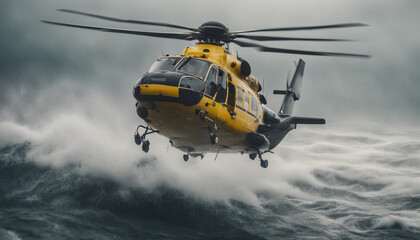 Fototapeta premium A rescue helicopter hovering above a turbulent ocean, battling heavy rain and powerful gusts as it searches for a stranded vessel. 