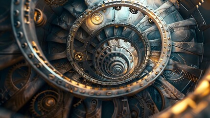 Spiral Staircase Made of Clock Gears Depicting Infinite Time in Surreal Architectural Masterpiece