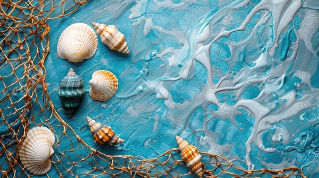 Sea themed nets with shells on blue sea background