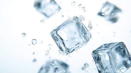 Crystal clear ice cube falling, isolated on white background, showcasing its transparency.