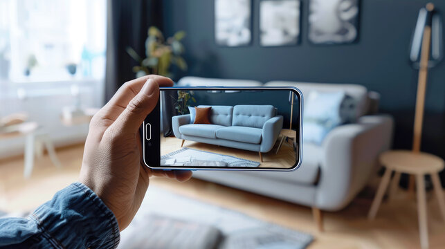 Person holding a phone with vertically in an empty room, augmented reality couch on the phone screen. A smartphone application that helps you choose furniture for your apartment.