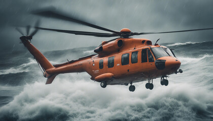 A rescue helicopter hovering above a turbulent ocean, battling heavy rain and powerful gusts as it searches for a stranded vessel.
