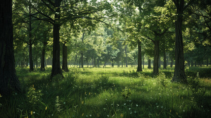 Fototapeta premium Sunlight filters through a verdant forest, illuminating a serene clearing with lush grass and tall trees, evoking a sense of peace and tranquility.