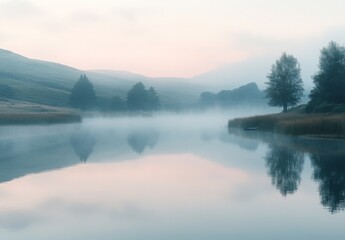 Fototapeta premium A peaceful lake enveloped in morning fog, with distant hills and trees creating a dreamy, ethereal atmosphere