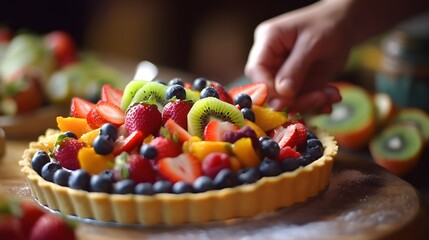 Delicious Fruit Tart with Fresh Berries, Kiwi, and Peach