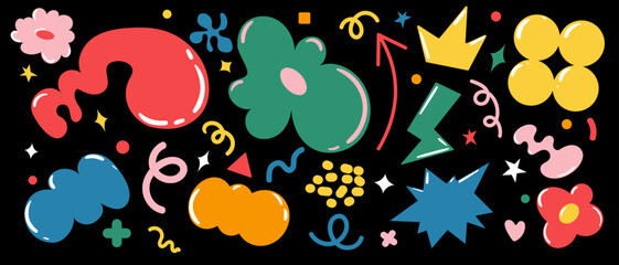 Set of funky groovy element vector. Collection of cartoon characters, cute doodle dawn, sparkle, cloud, crown, flower, thunderbolt. Retro hippie design for decorative, sticker, toys and kids