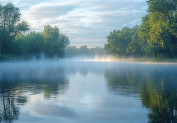 A serene lake partially obscured by early morning fog, with mist gently rising from the water's surface and trees faintly visible in the background