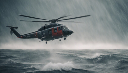 A rescue helicopter hovering above a turbulent ocean, battling heavy rain and powerful gusts as it searches for a stranded vessel.
