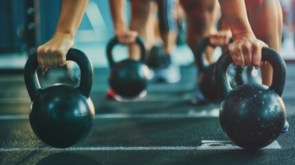 Hands gripping kettlebells during an intense group workout session in a gym, emphasizing collective effort, fitness, and physical endurance.