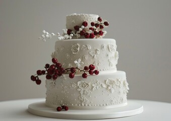 Wedding Cake Decorated With Berries, Classic Wedding Cake Decor, Marriage Celebration, Confectionery Advertising Concept