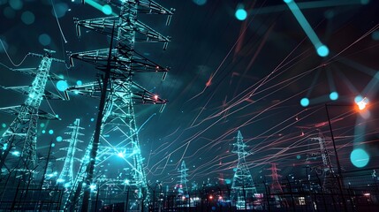 Fototapeta premium Secure Smart Grid Technology Network with Futuristic Cityscape at Night