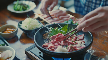 Hands using chopsticks to cook and arrange meat slices on a shared hot pot table, full of diverse dishes and ingredients.
