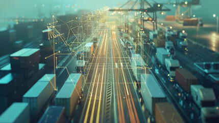An illustrated scene of a busy container port with a digital overlay representing data flow and connectivity, emphasizing modern logistics and global trade.