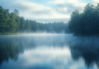 Fototapeta premium A serene lake partially obscured by early morning fog, with mist gently rising from the water's surface and trees faintly visible in the background