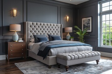 Luxurious Grey Bed in Elegant Bedroom Interior

