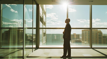 Fototapeta premium A silhouette of a person gazing out of expansive windows at a sunlit cityscape.