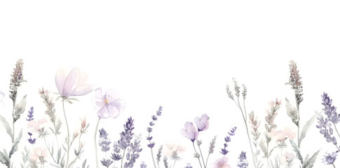 Watercolor lavender blossom border flowers, white background