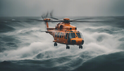 A rescue helicopter hovering above a turbulent ocean, battling heavy rain and powerful gusts as it searches for a stranded vessel.
