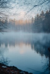 Fototapeta premium A serene lake partially obscured by early morning fog, with mist gently rising from the water's surface and trees faintly visible in the background