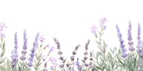 Obraz premium Watercolor lavender blossom border flowers, white background