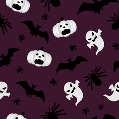 Halloween spiders, flat seamless pattern. Vector print Happy Halloween with spiders on purple background. Print for packaging, fabric, holiday decoration, textile, wallpaper.