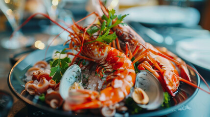 A vibrant seafood dish featuring a mix of shellfish, garnished with fresh herbs, arranged beautifully on a bed of ice.