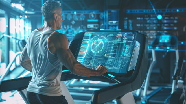 A fit man in a white tank top uses a high-tech treadmill in a modern gym, with a large display screen showing complex data metrics.