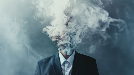 Smoke spirals envelop a suit-wearing figure's head, offering an abstract and surreal representation of confusion or thought.