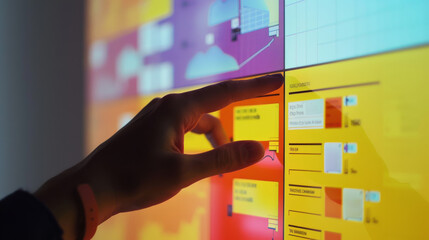 A person engages with a brightly colored digital wall interface full of various data modules and charts, illustrating modern interactive technology.