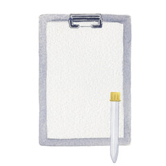 Clipboard and paper with test tube. Hand drawn illustration isolated on white background for design, logos, business, medical articles, textbooks
